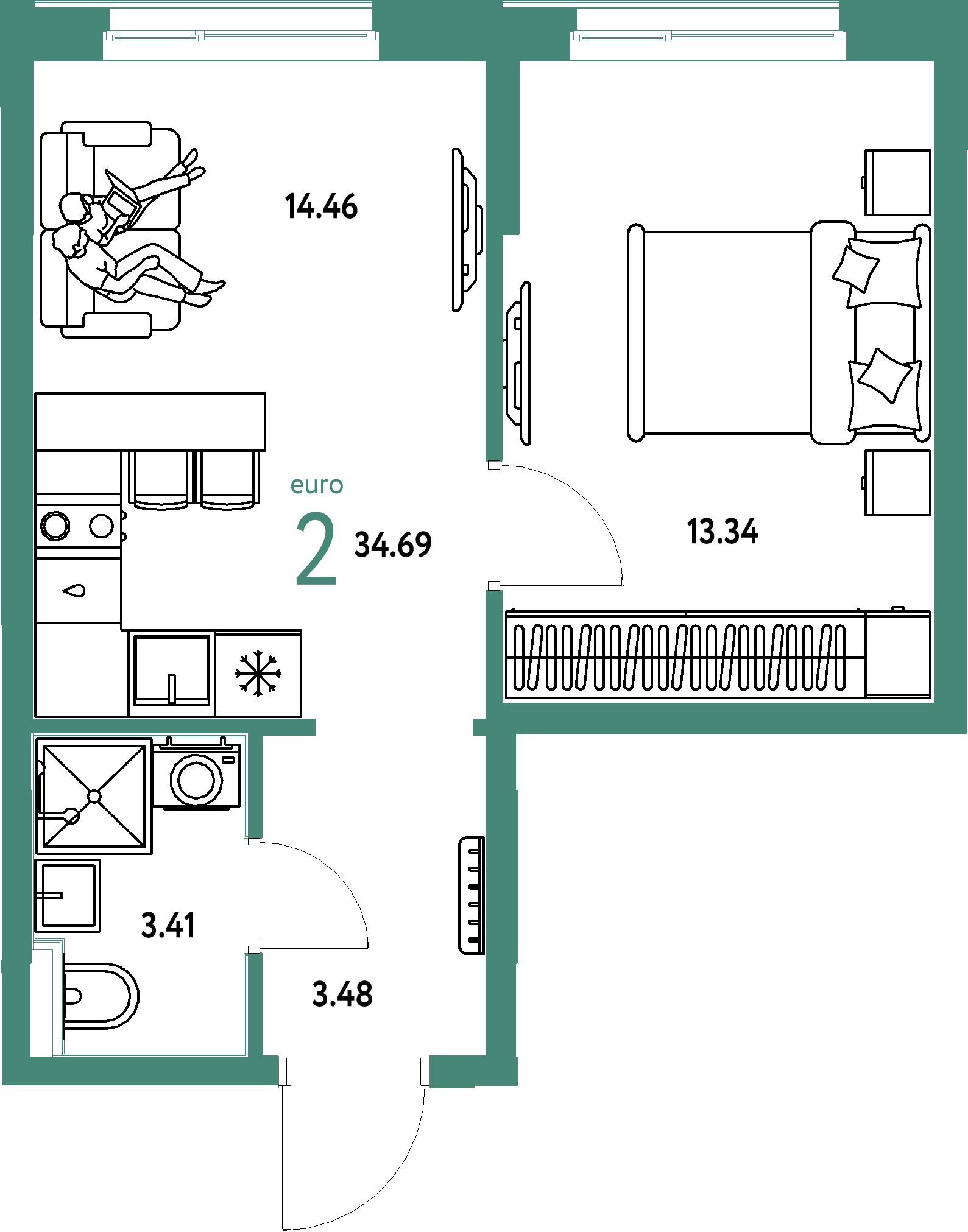 Планировка: Евродвушка 34,69 м² в ЖК «Домашний»