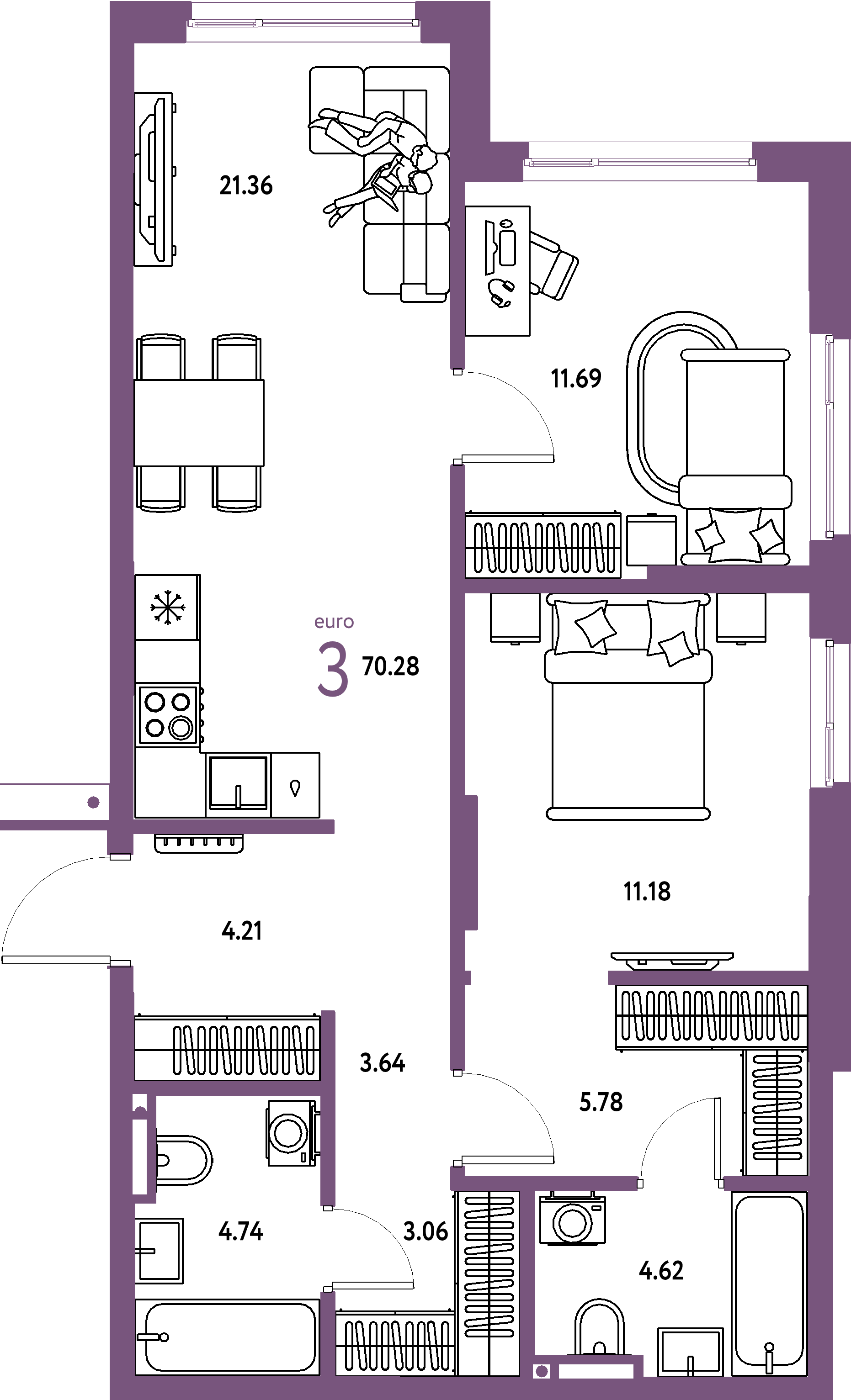 Планировка: Евротрёшка 70,28 м² в ЖК «Страна.Прибрежная»