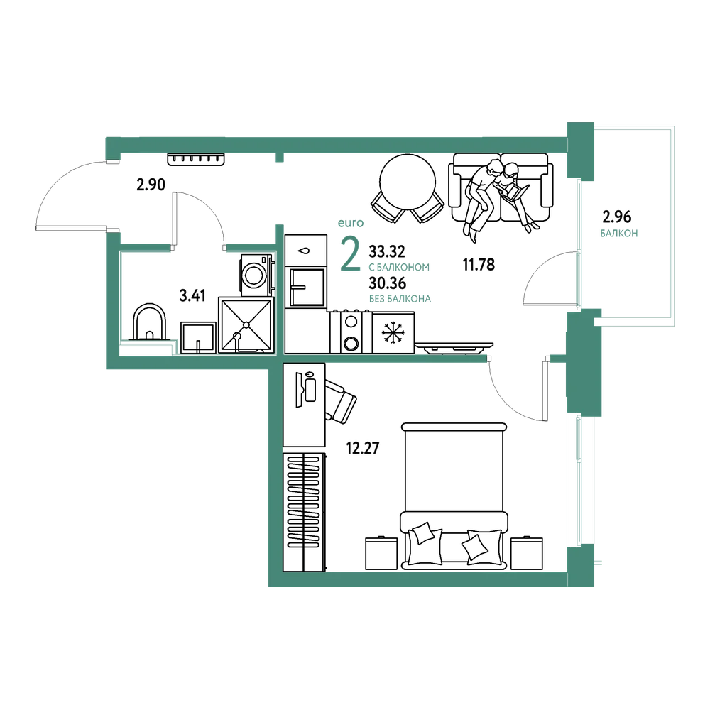 Планировка: Евродвушка 33,04 м²