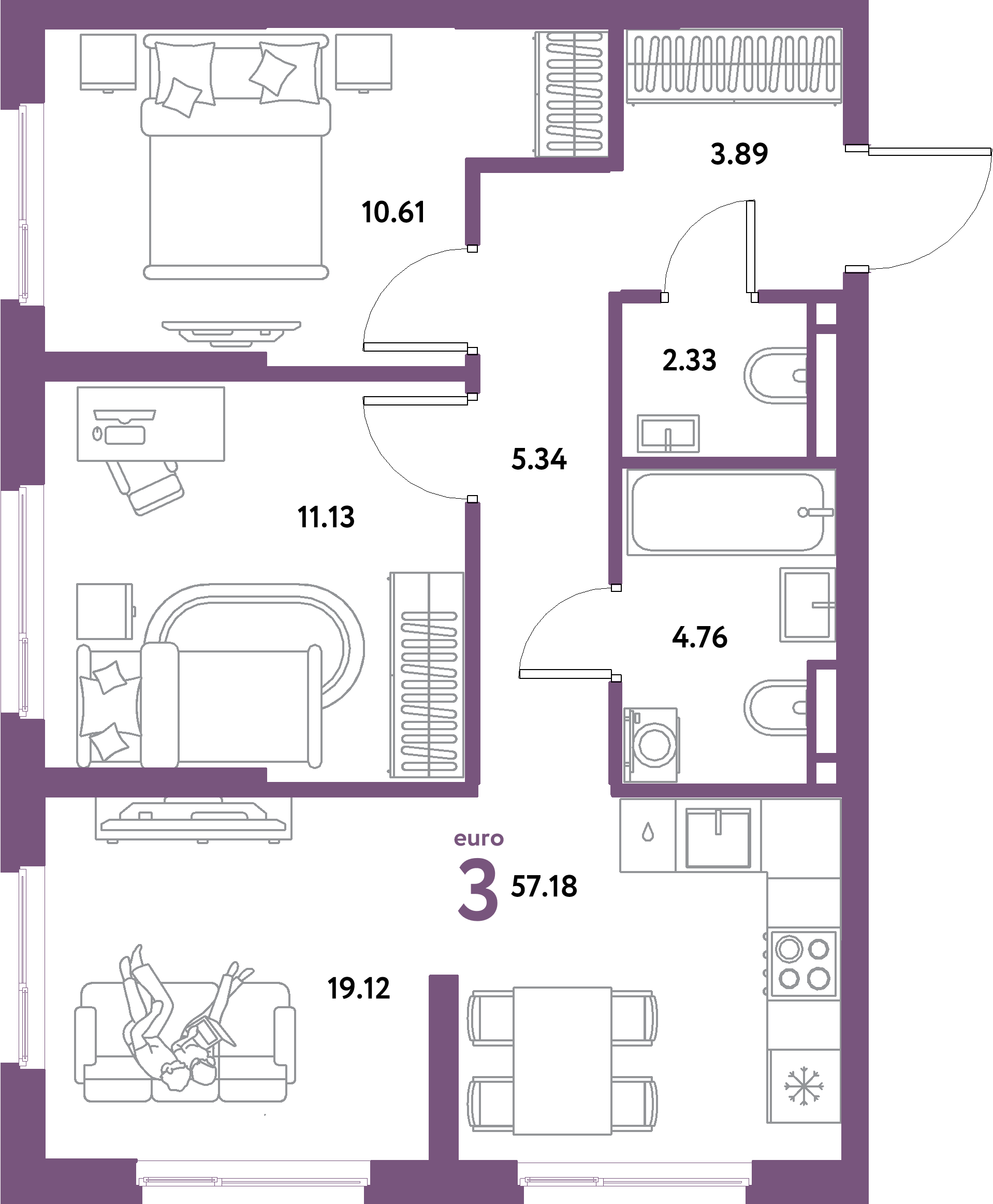 Планировка: Евротрёшка 57,18 м² в ЖК «Остров-сад»