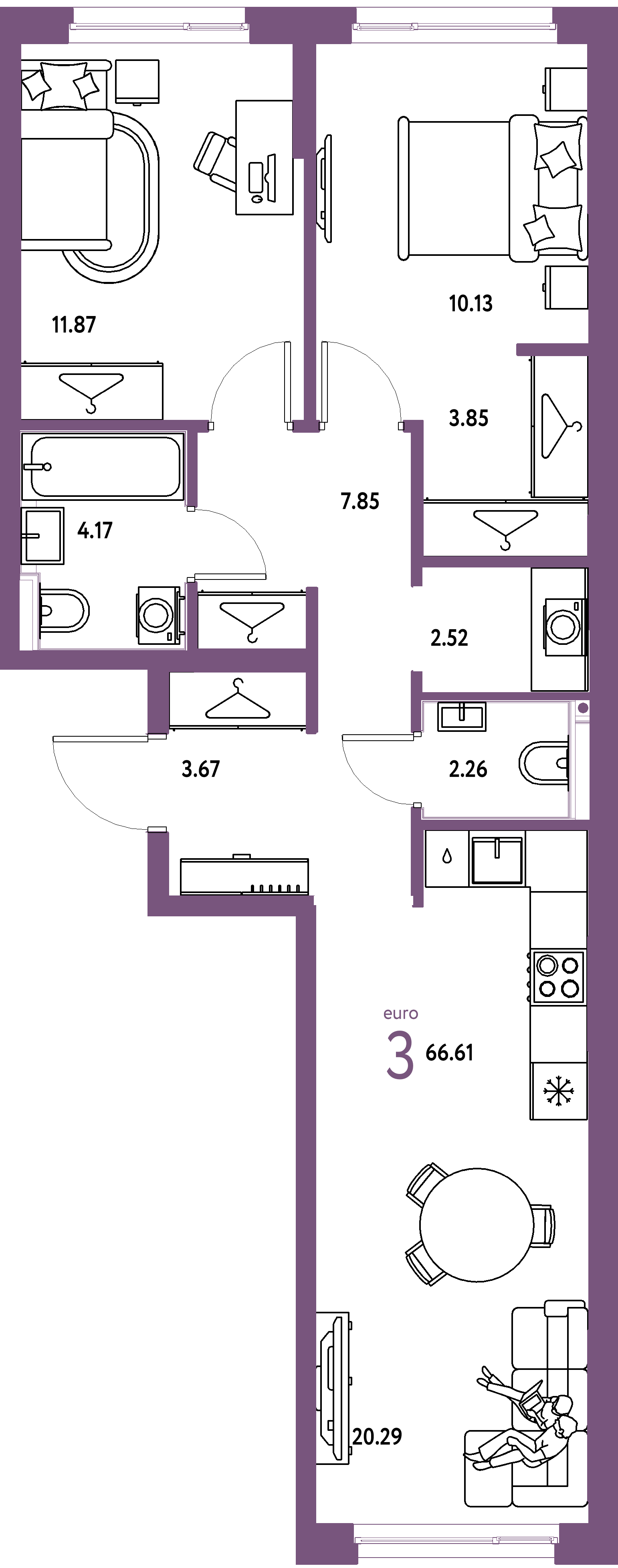 Планировка: Евротрёшка 66,61 м² в ЖК «Страна.Прибрежная»