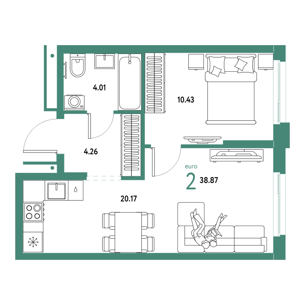 Планировка: Евродвушка 38,87 м²