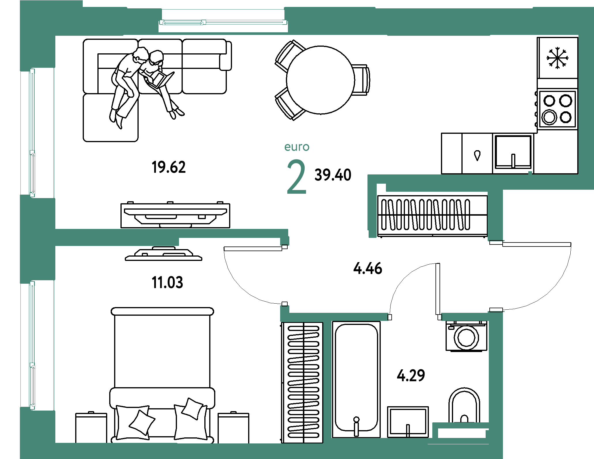 Планировка: Евродвушка 39,4 м² в ЖК «Остров-сад»