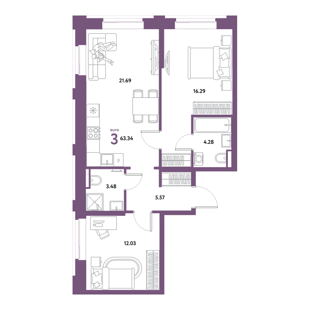 Планировка: Евротрёшка 63,34 м²