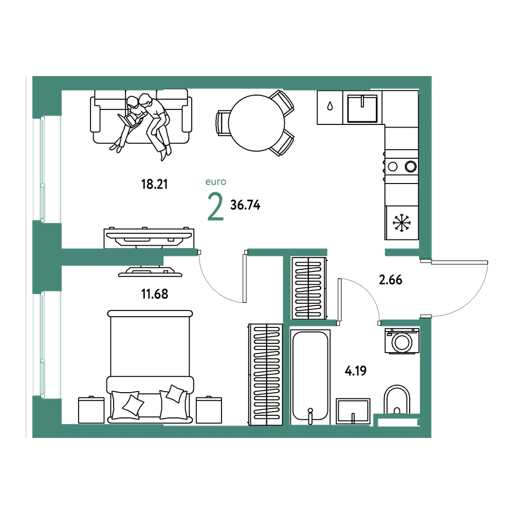 Планировка: Евродвушка 36,74 м²