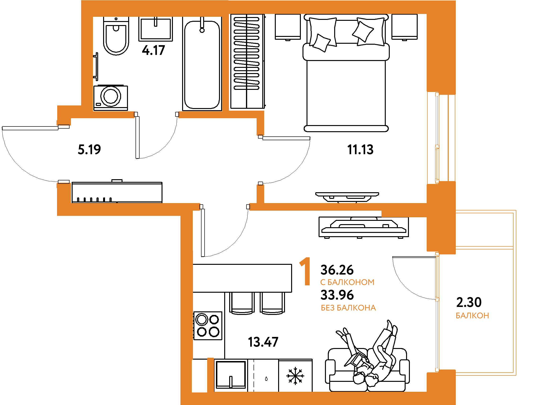 Планировка: 1-комнатная 36,26 м² в ЖК «Европейский берег 2.0»