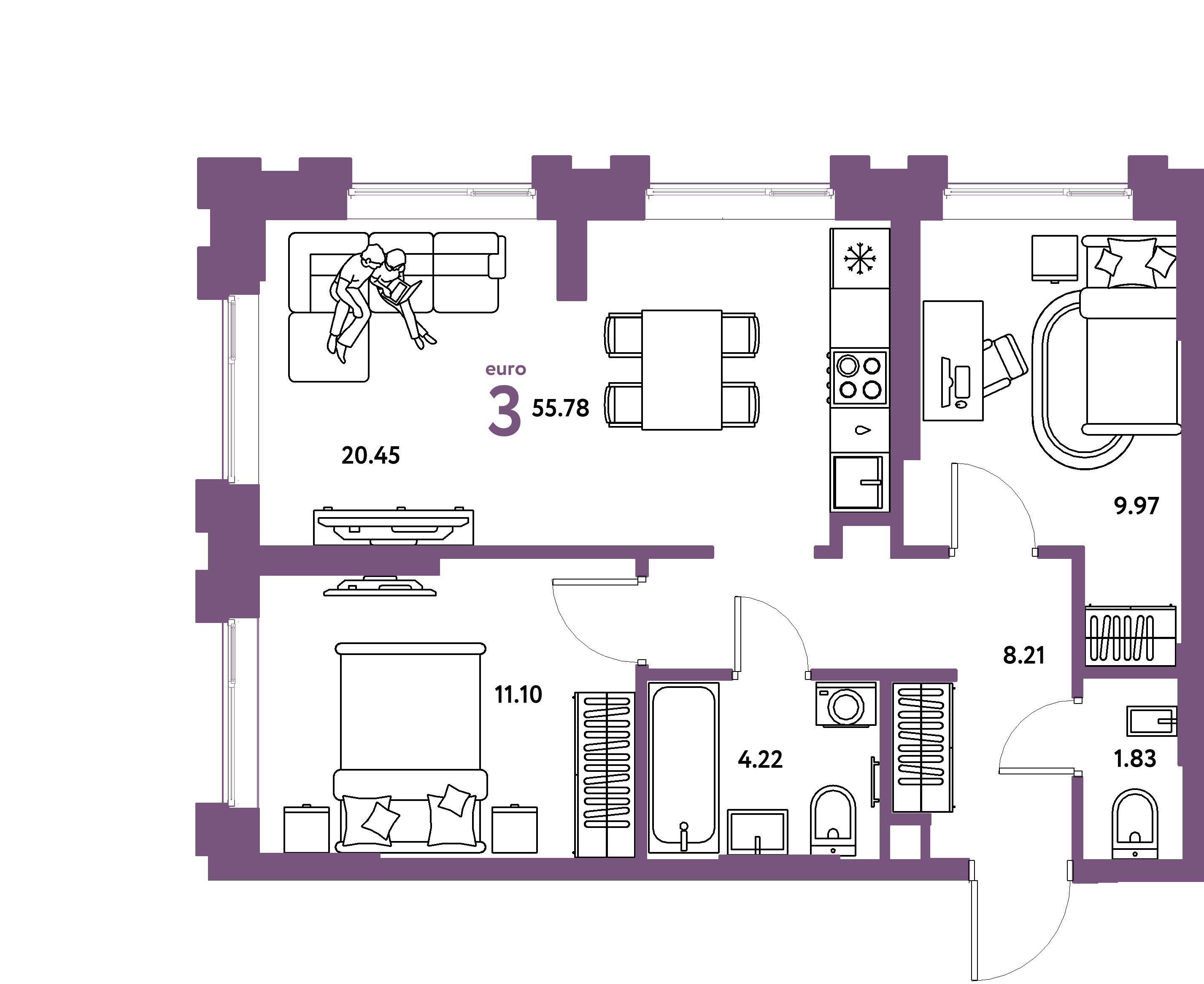 Планировка: Евротрёшка 55,78 м² в ЖК «Европейский берег 2.0»