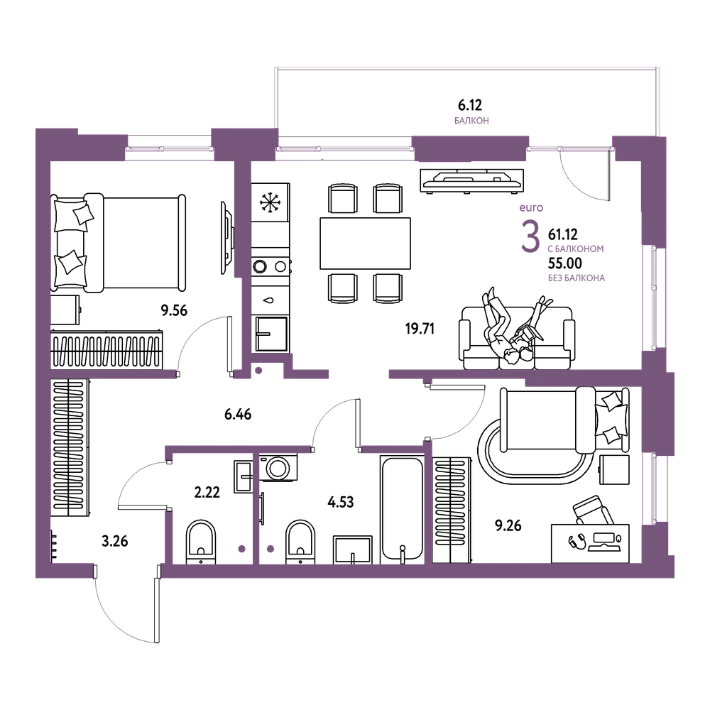 Планировка: Евротрёшка 61,12 м²