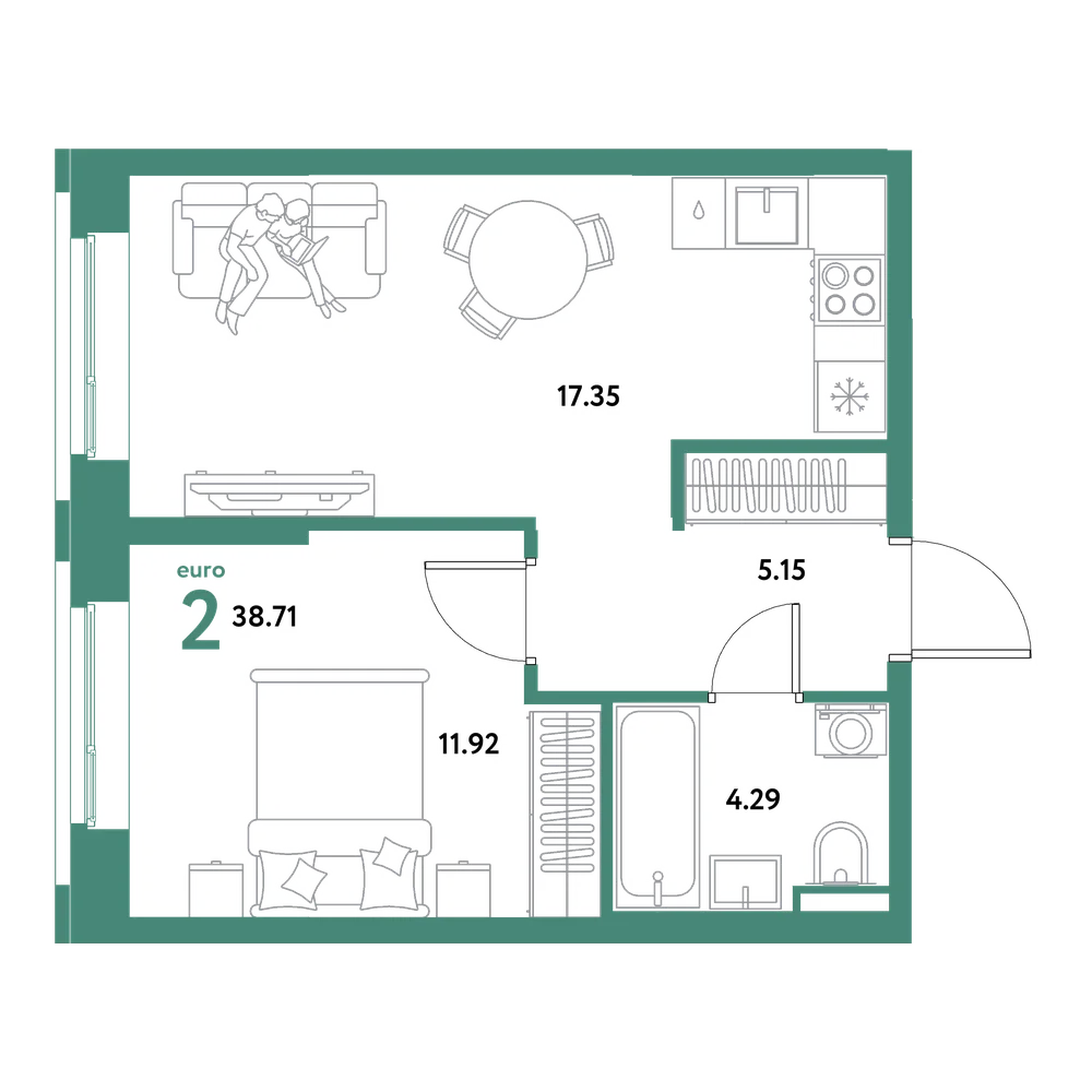 Планировка: Евродвушка 38,71 м²
