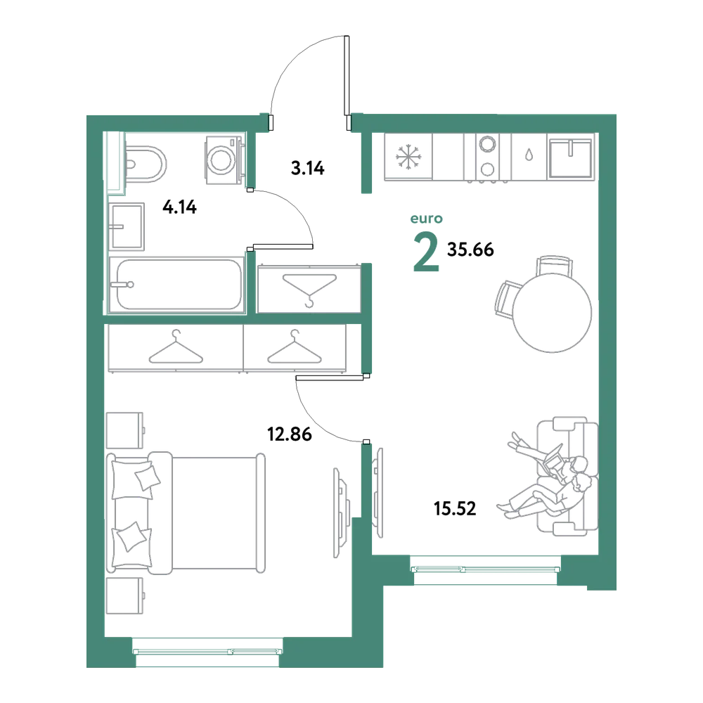 Планировка: Евродвушка 35,66 м²