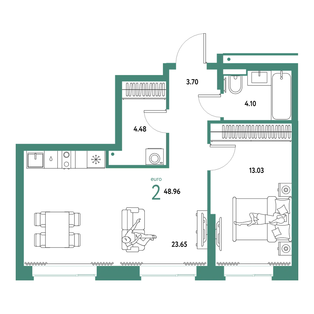 Планировка: Евродвушка 48,96 м²