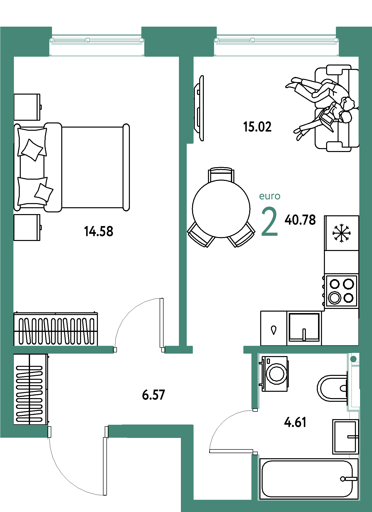 Планировка: Евродвушка 40,78 м² в ЖК «Остров-сад»