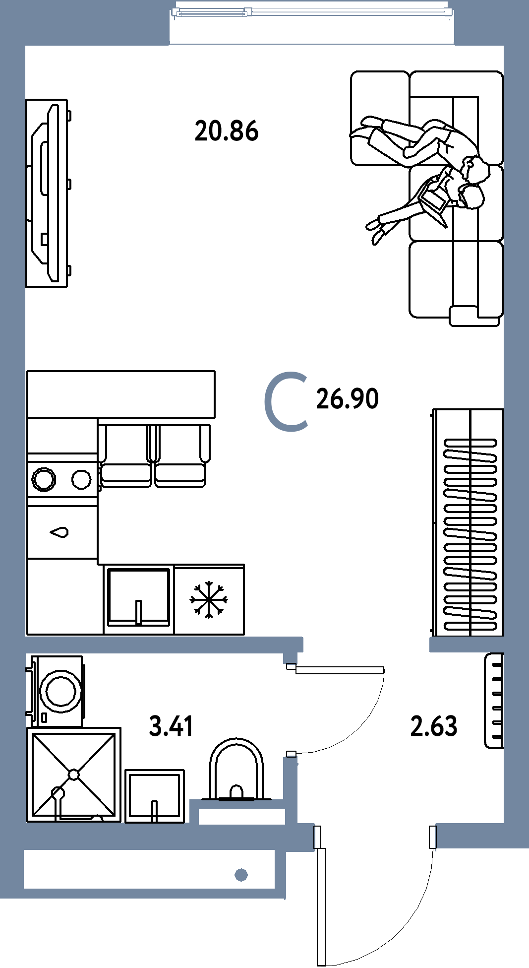 Планировка: Студия 26,9 м² в ЖК «Страна.Прибрежная»