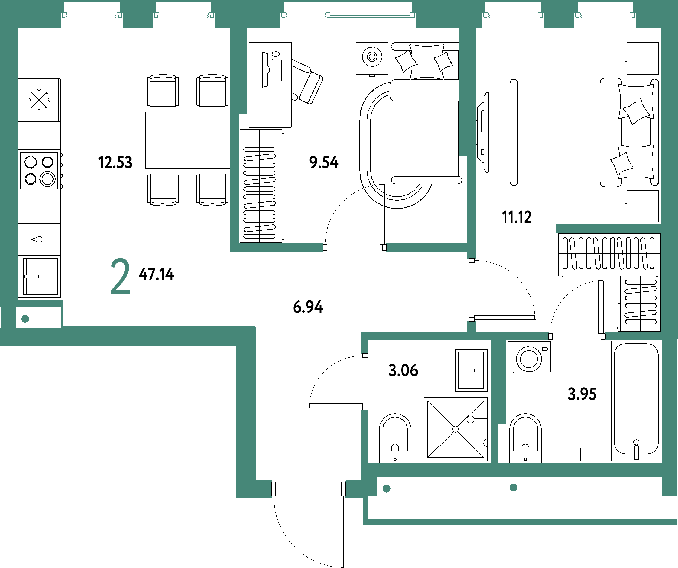 Планировка: 2-комнатная 47,14 м² в ЖК «Домашний»