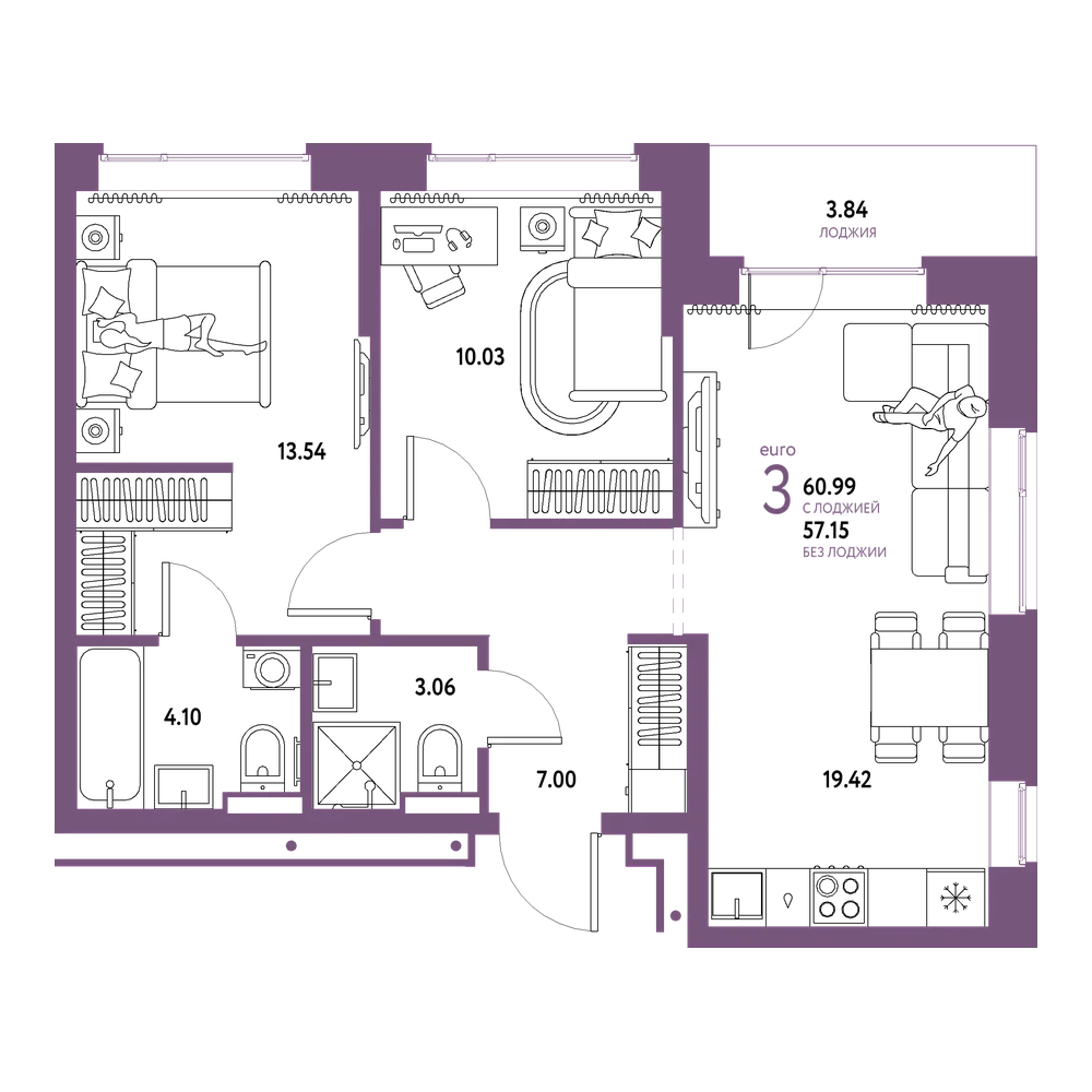 Планировка: Евротрёшка 60,99 м²