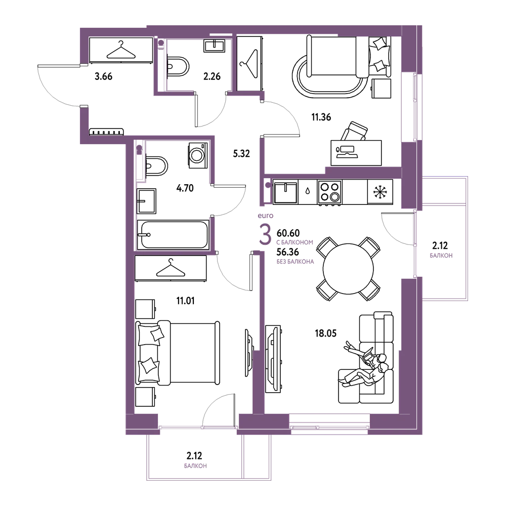 Планировка: Евротрёшка 60,6 м²