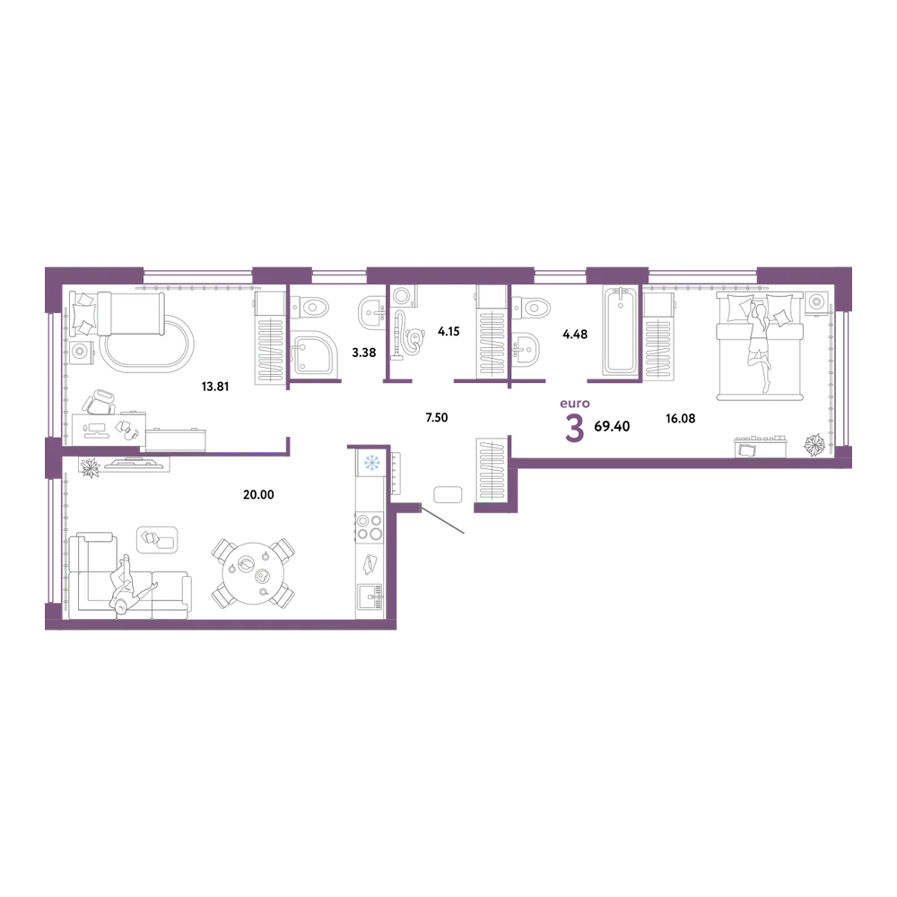 Планировка: Евротрёшка 69,4 м²