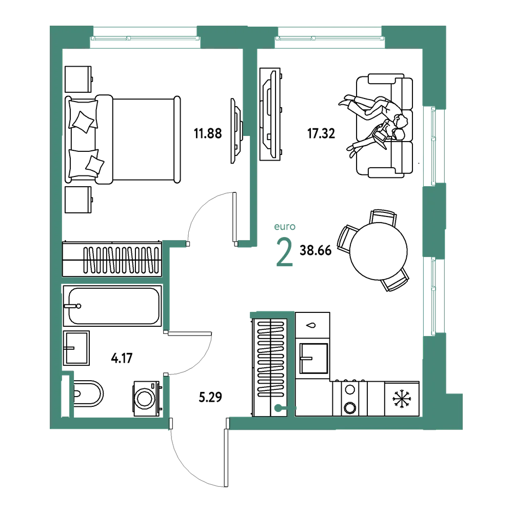 Планировка: Евродвушка 38,66 м²