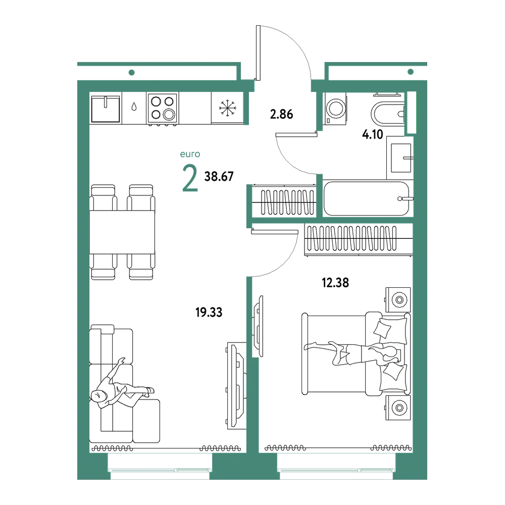 Планировка: Евродвушка 38,67 м²