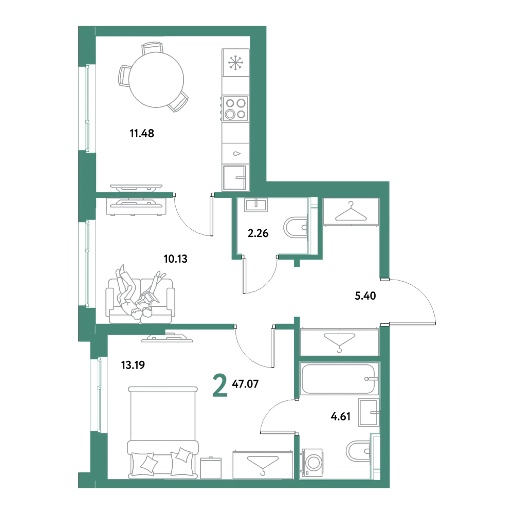 Планировка: 2-комнатная 47,07 м²