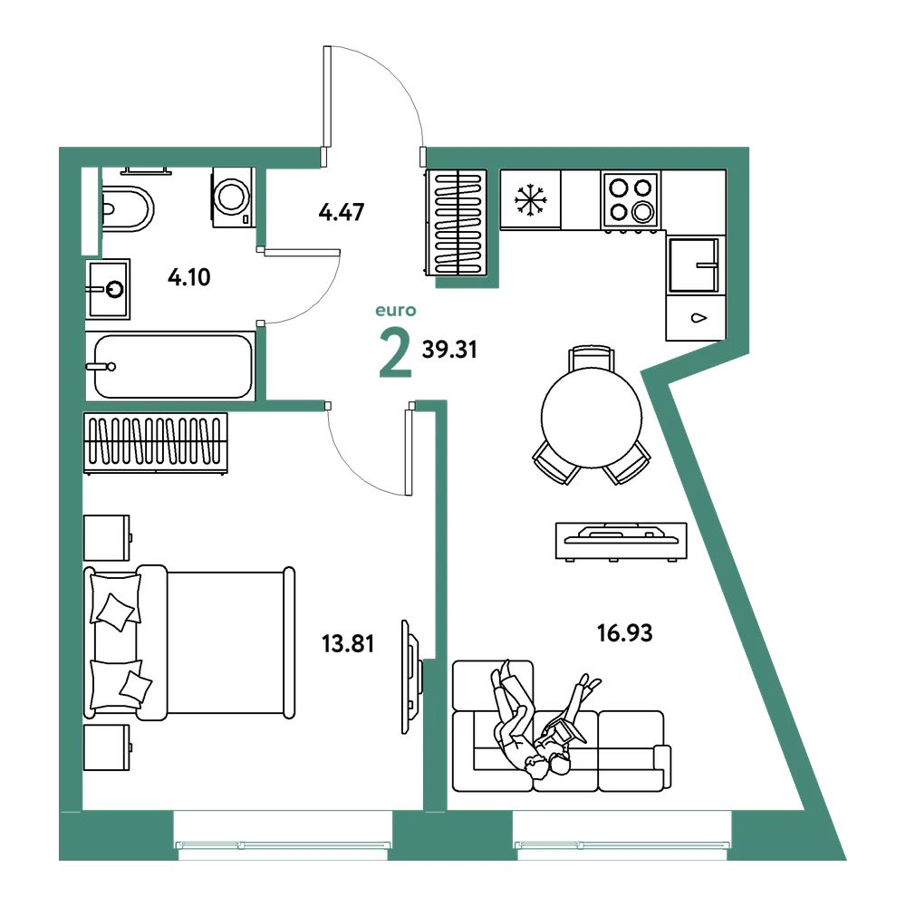 Планировка: Евродвушка 39,31 м²