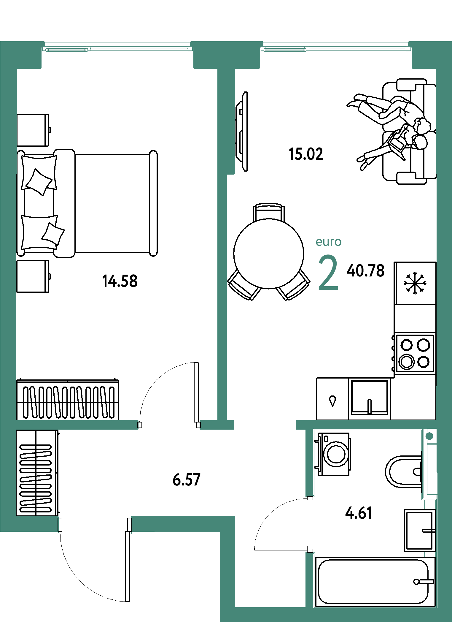 Планировка: Евродвушка 40,78 м² в ЖК «Остров-сад»