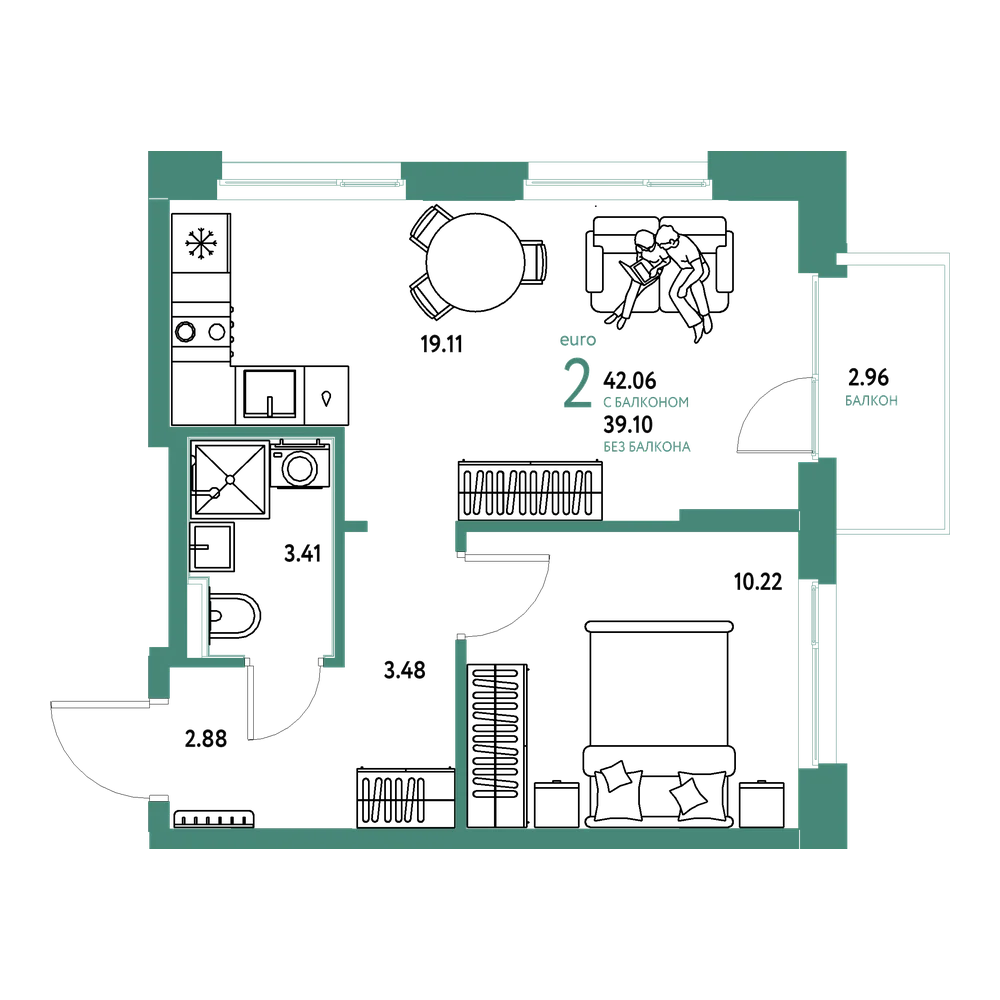Планировка: Евродвушка 41,78 м²
