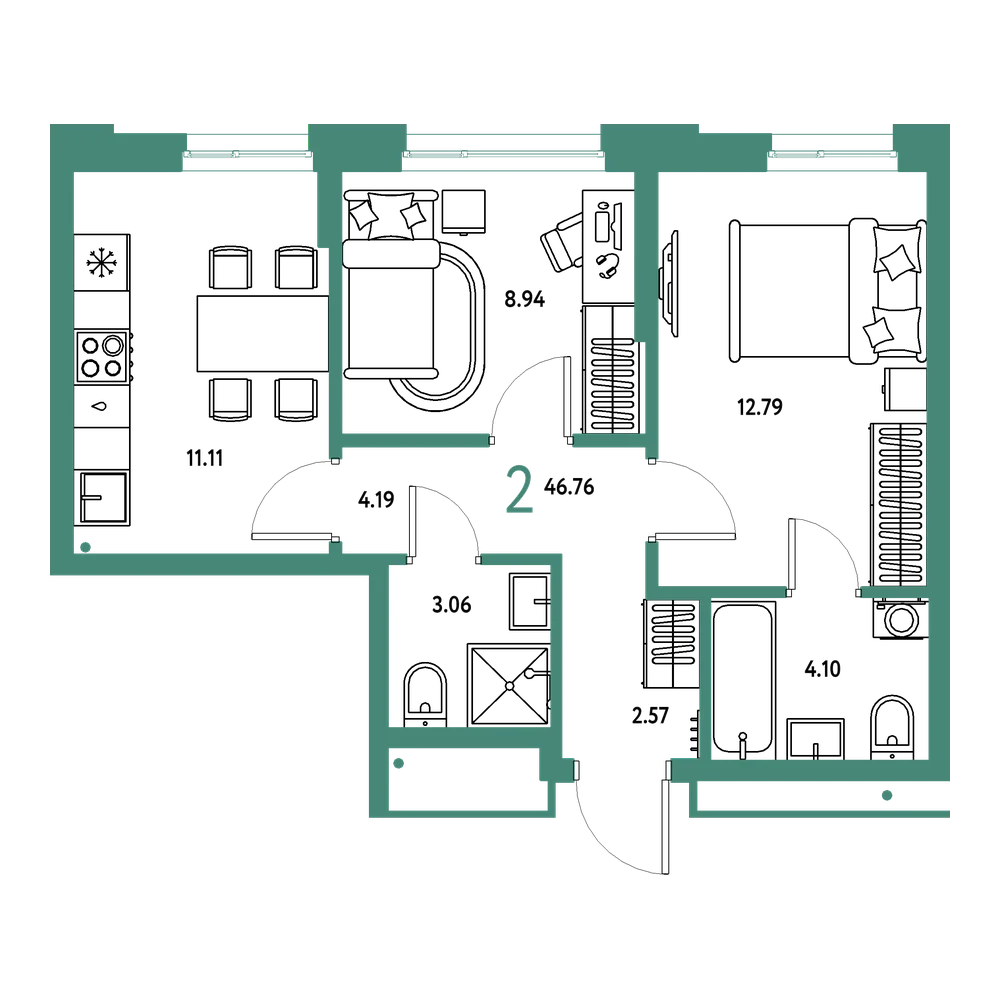 Планировка: 2-комнатная 46,76 м²