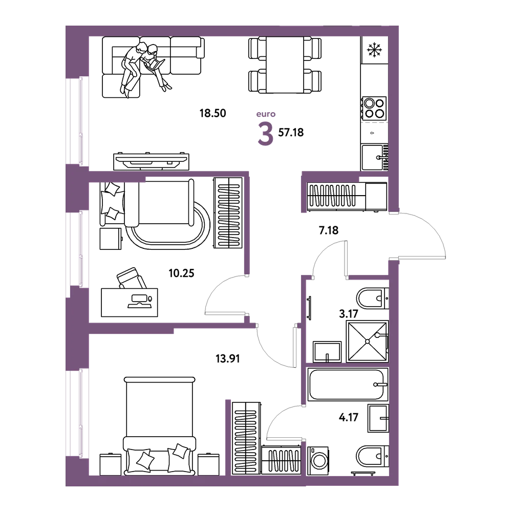 Планировка: Евротрёшка 57,18 м²