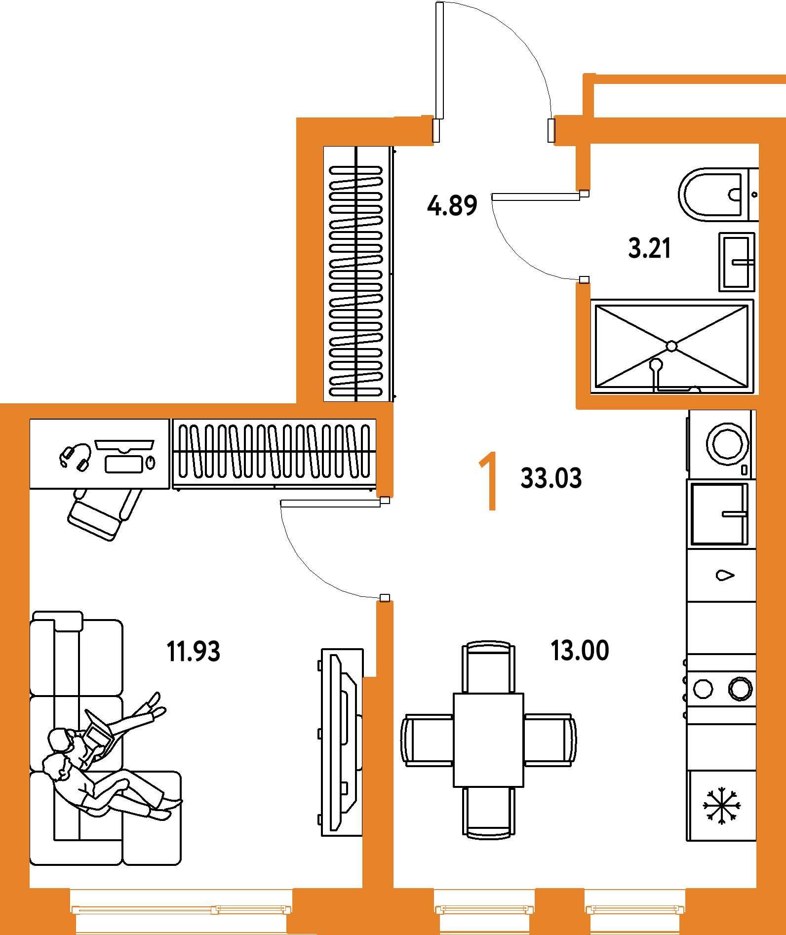 Планировка: 1-комнатная 33,03 м² в ЖК «Домашний»