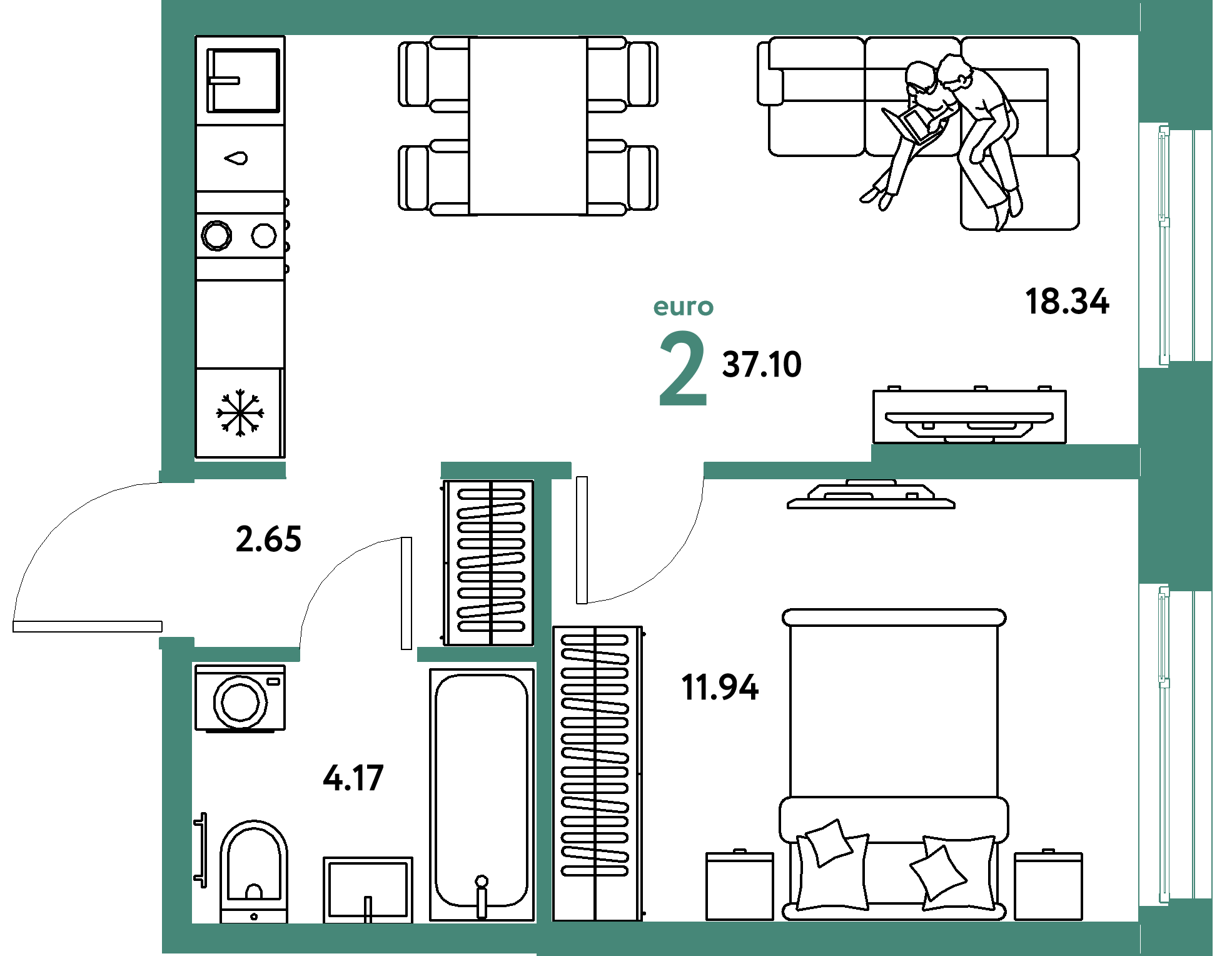 Планировка: Евродвушка 37,1 м² в ЖК «Европейский берег 2.0»