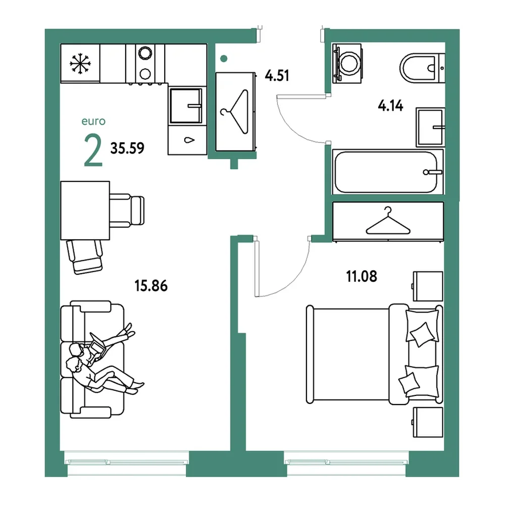 Планировка: Евродвушка 35,59 м²