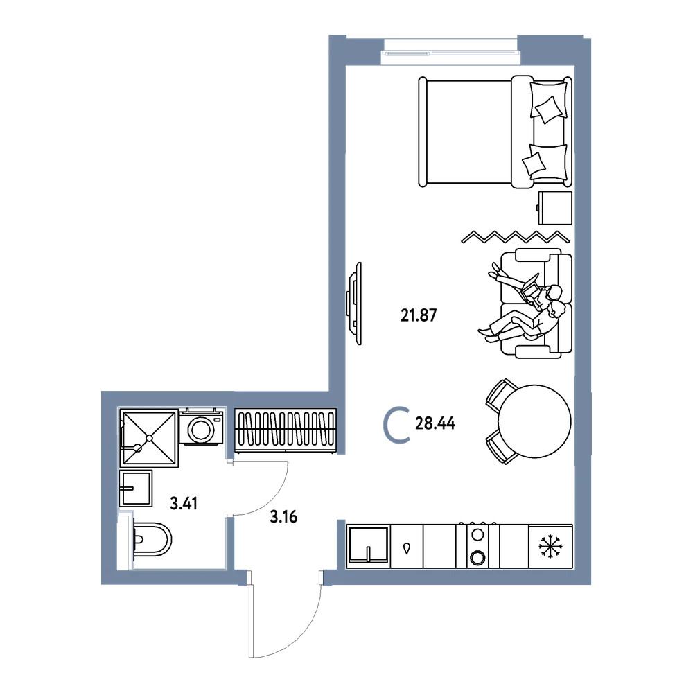 Планировка: Студия 28,44 м²