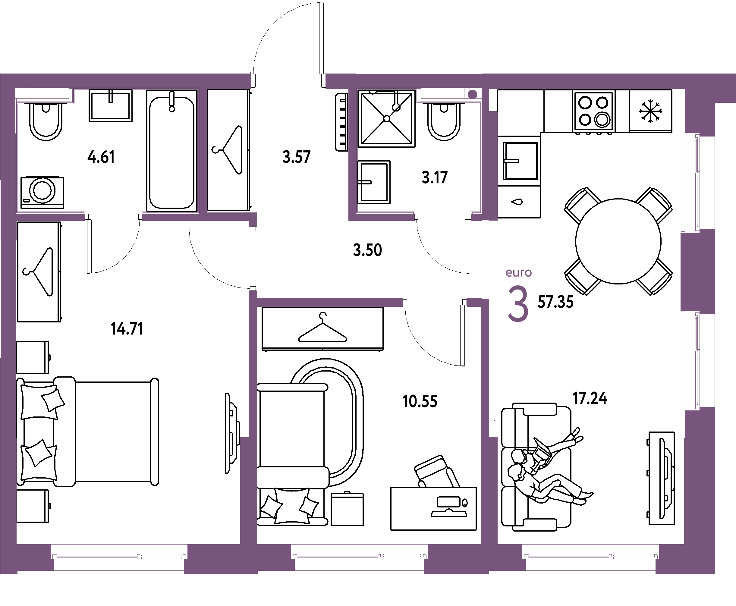 Планировка: Евротрёшка 57,35 м² в ЖК «Европейский берег 2.0»
