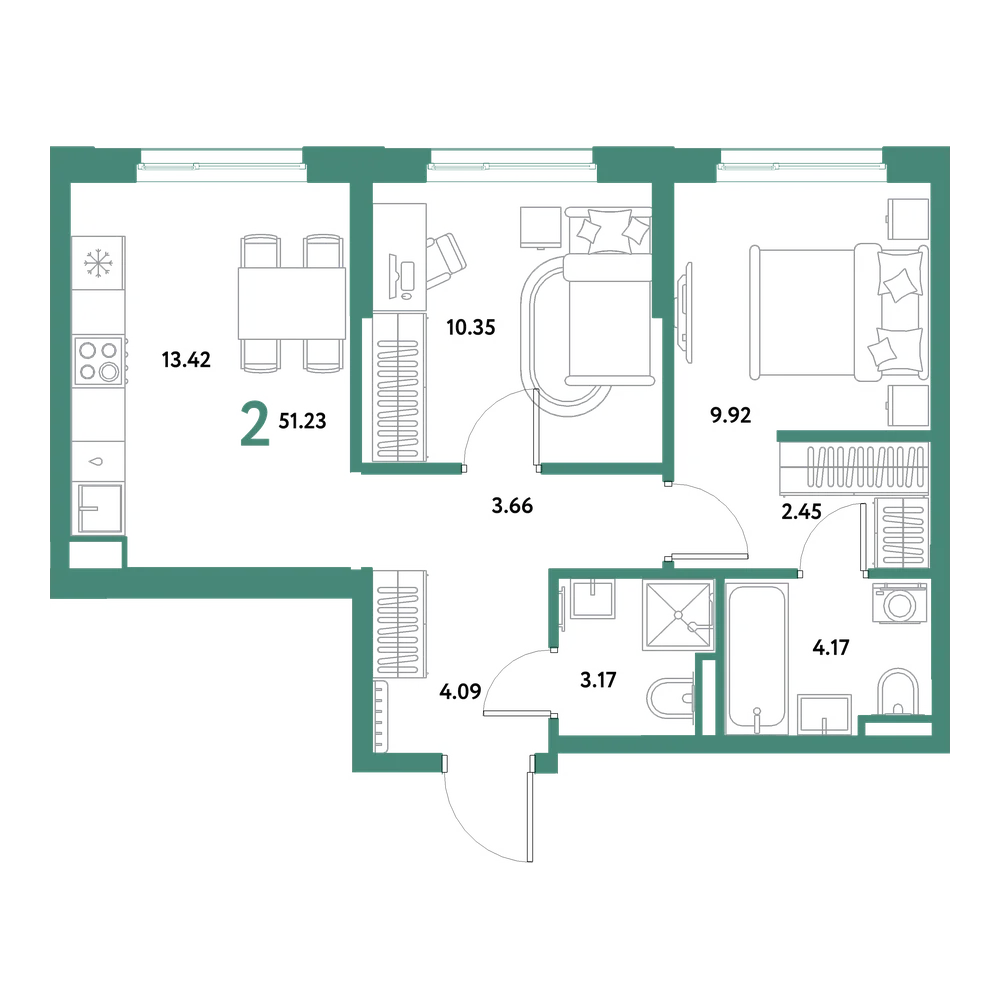 Планировка: 2-комнатная 51,23 м²