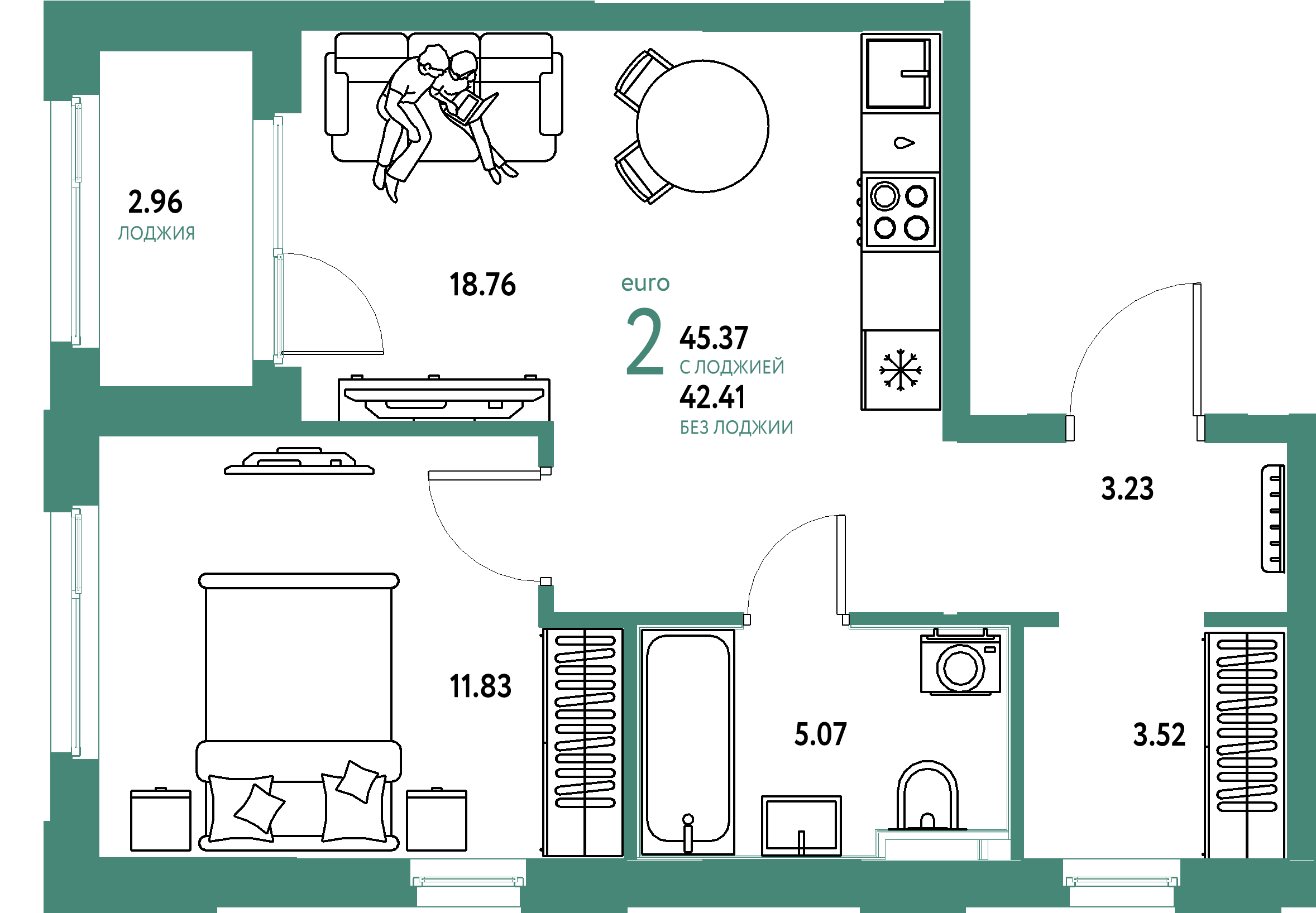 Планировка: Евродвушка 45,37 м² в ЖК «Сердце Сибири»