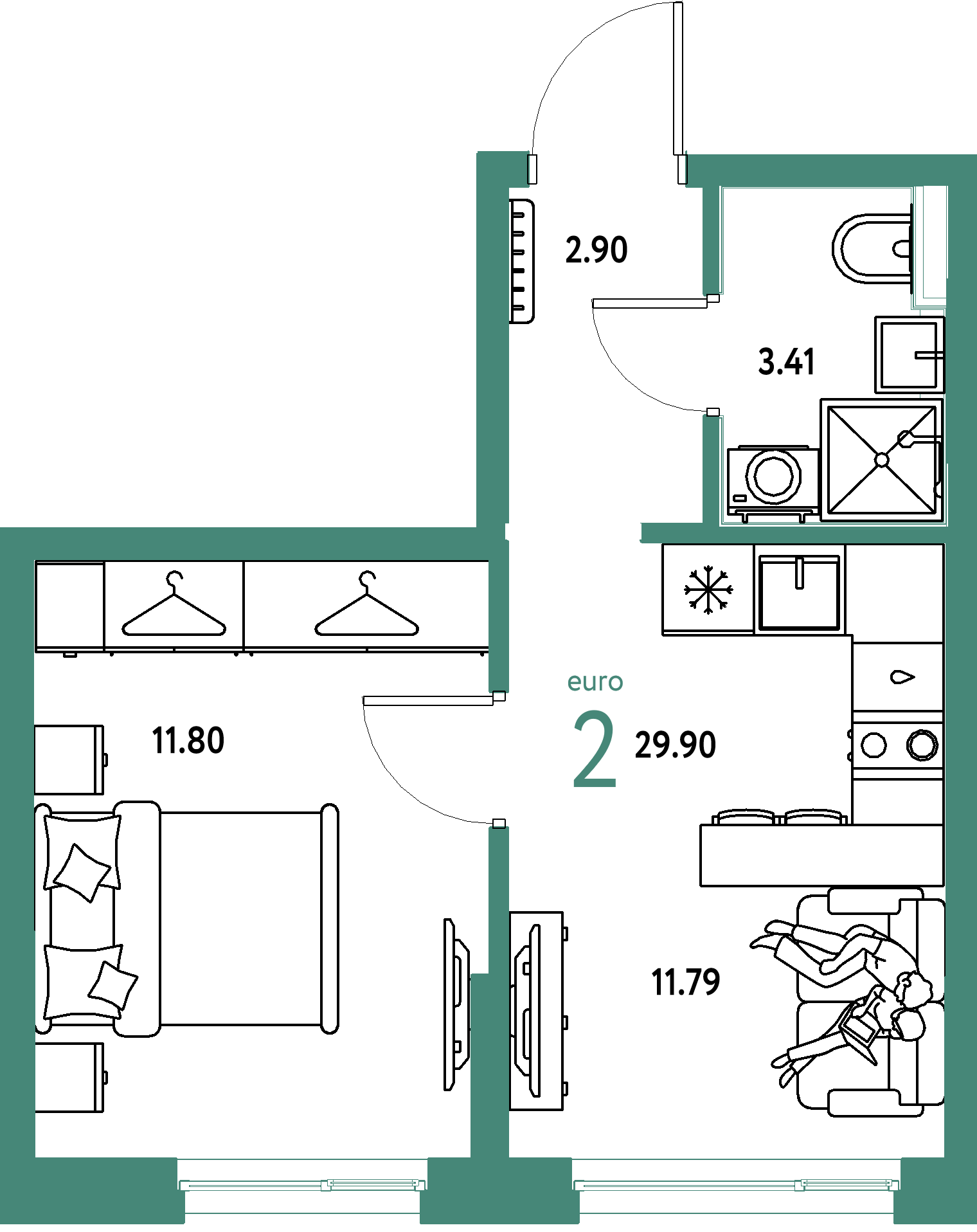 Планировка: Евродвушка 29,9 м² в ЖК «Страна.Прибрежная»