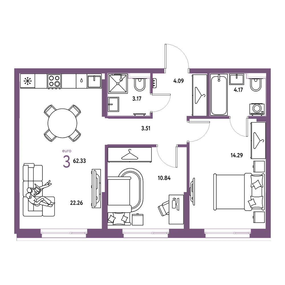 Планировка: Евротрёшка 62,33 м²
