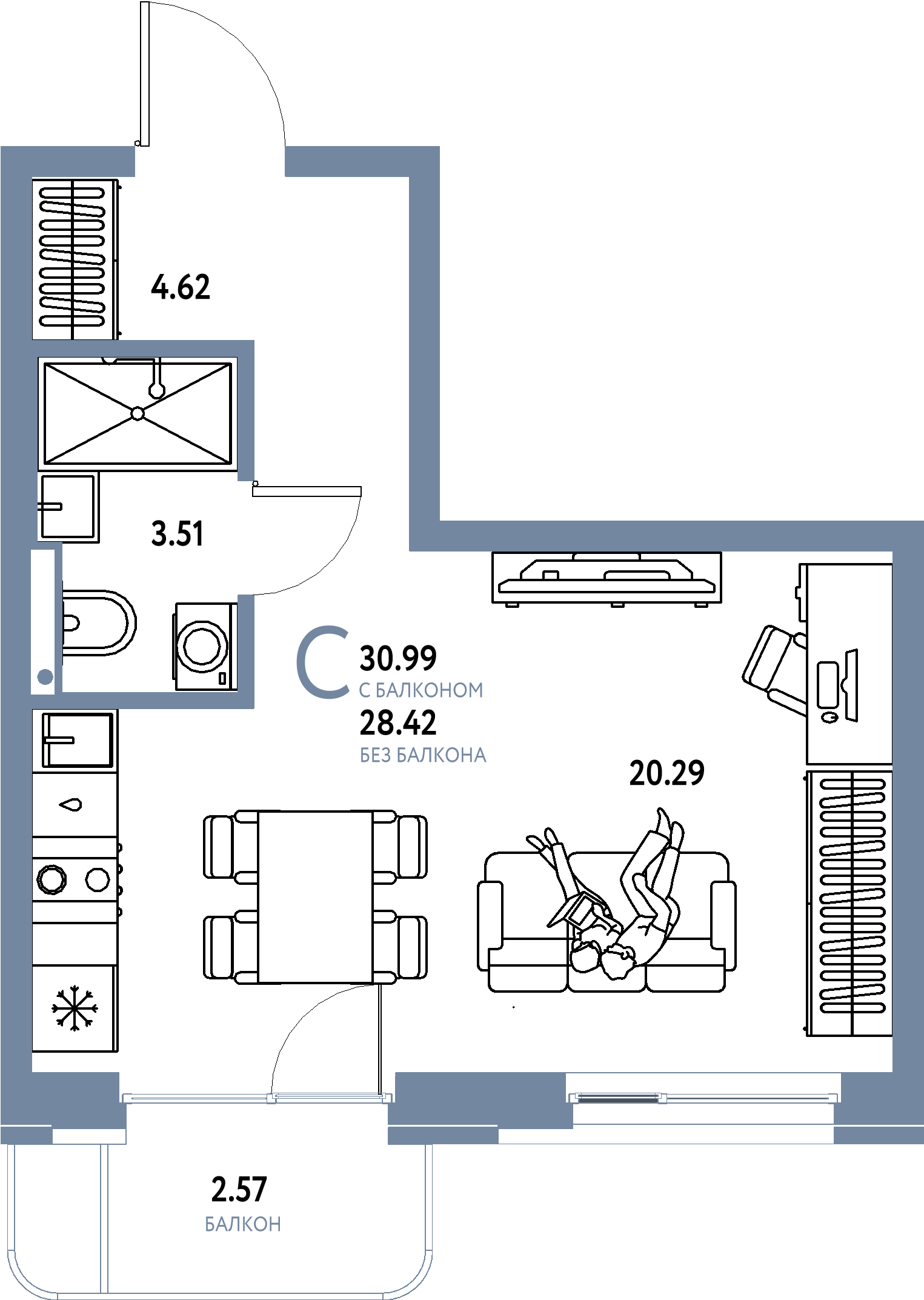 Планировка: Студия 30,99 м² в ЖК «Домашний»