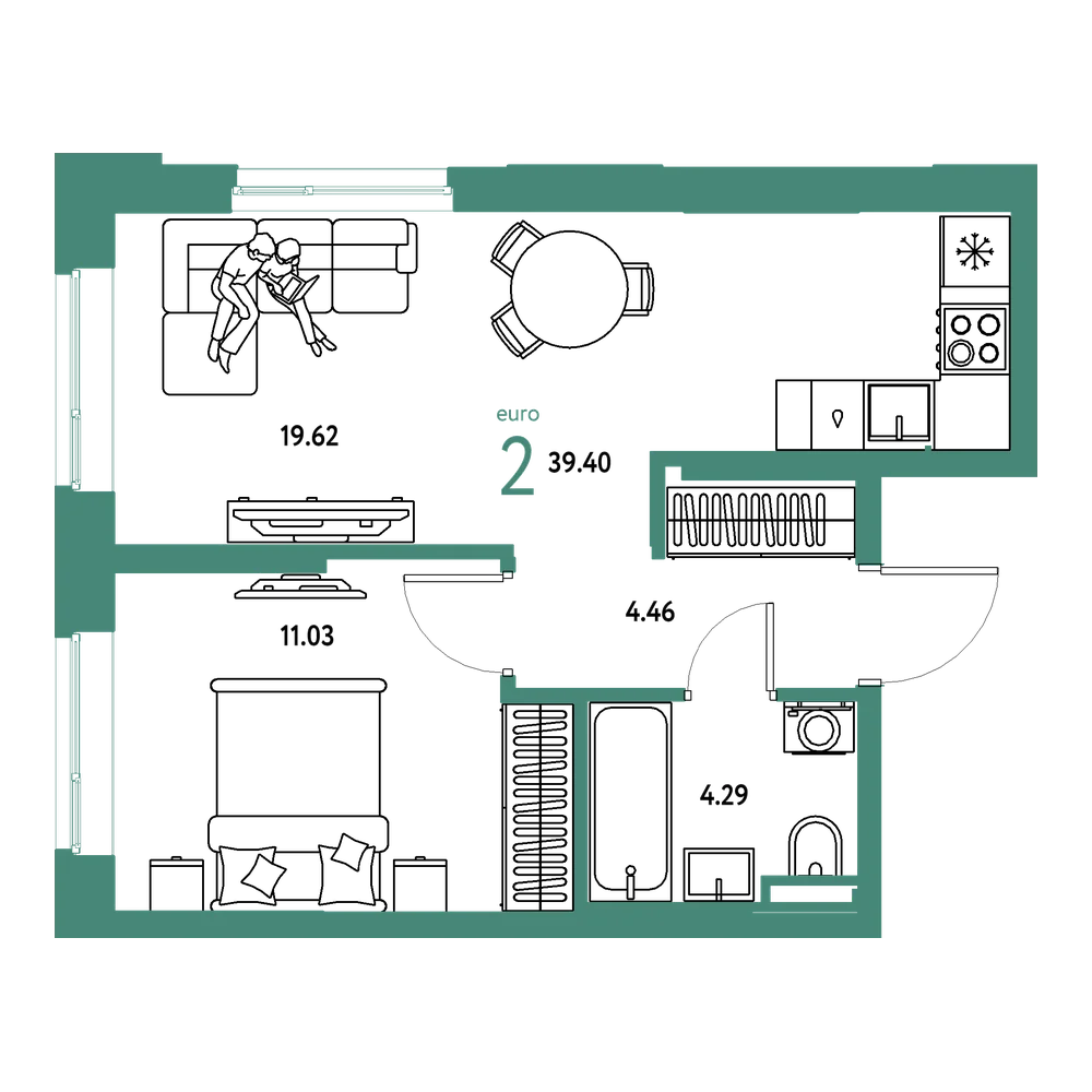 Планировка: Евродвушка 39,4 м²