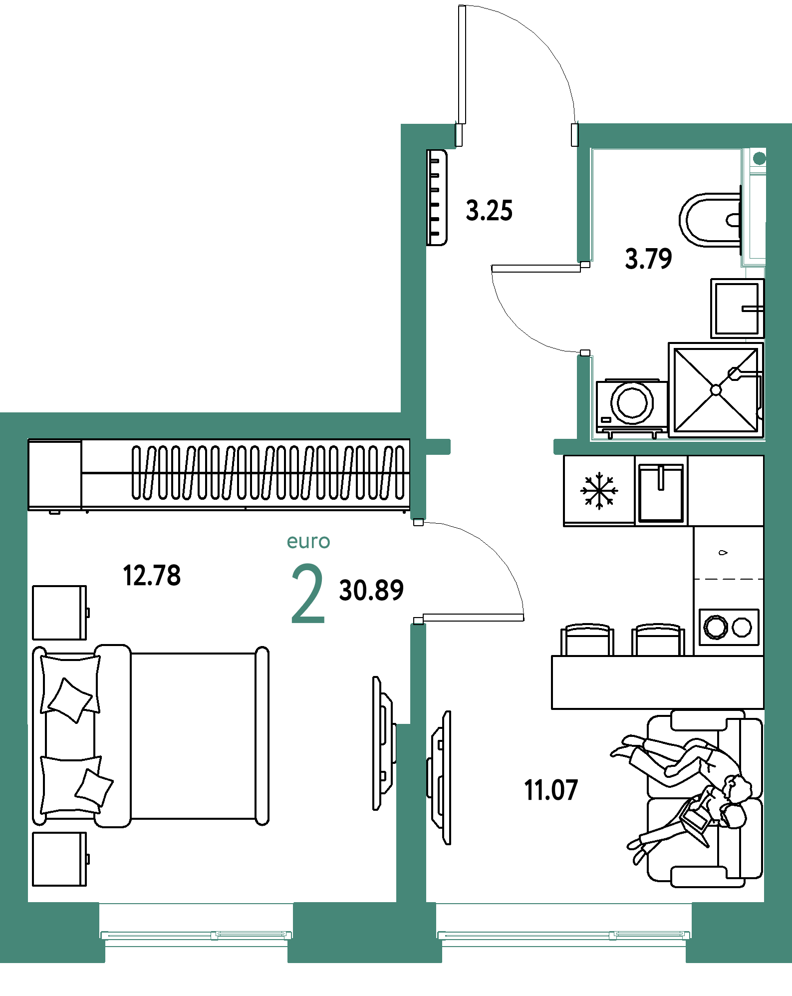 Планировка: Евродвушка 30,89 м² в ЖК «Остров-сад»