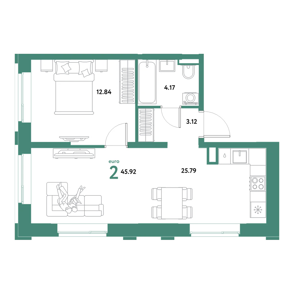 Планировка: Евродвушка 45,92 м²