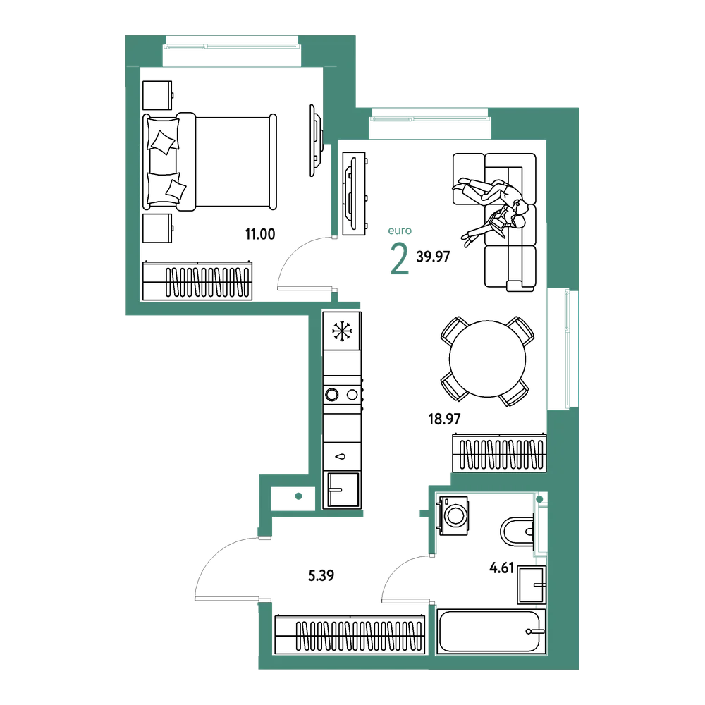 Планировка: Евродвушка 39,97 м²