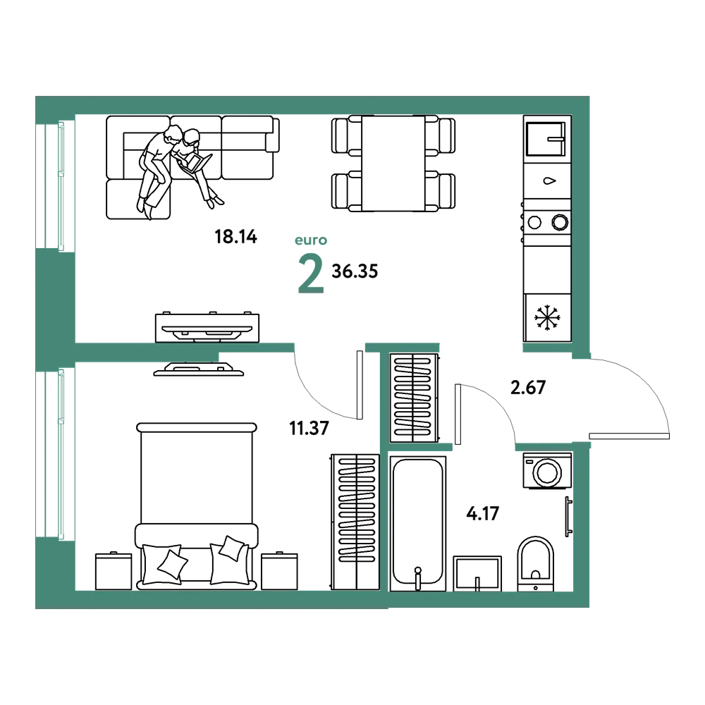 Планировка: Евродвушка 36,35 м²