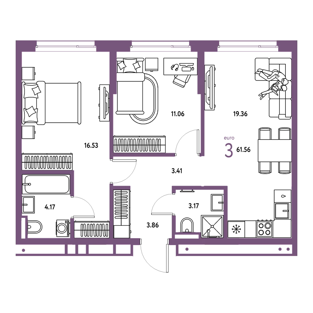 Планировка: Евротрёшка 61,56 м²