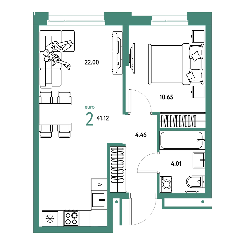 Планировка: Евродвушка 41,12 м²