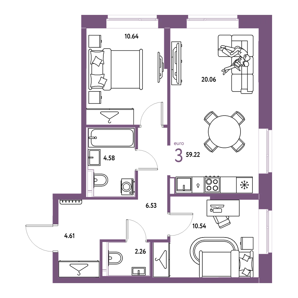 Планировка: Евротрёшка 59,22 м²