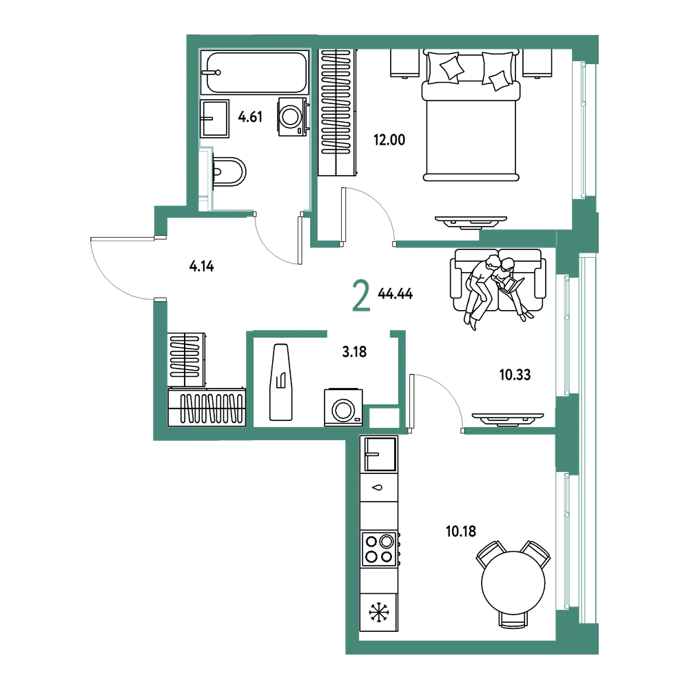 Планировка: 2-комнатная 44,44 м²