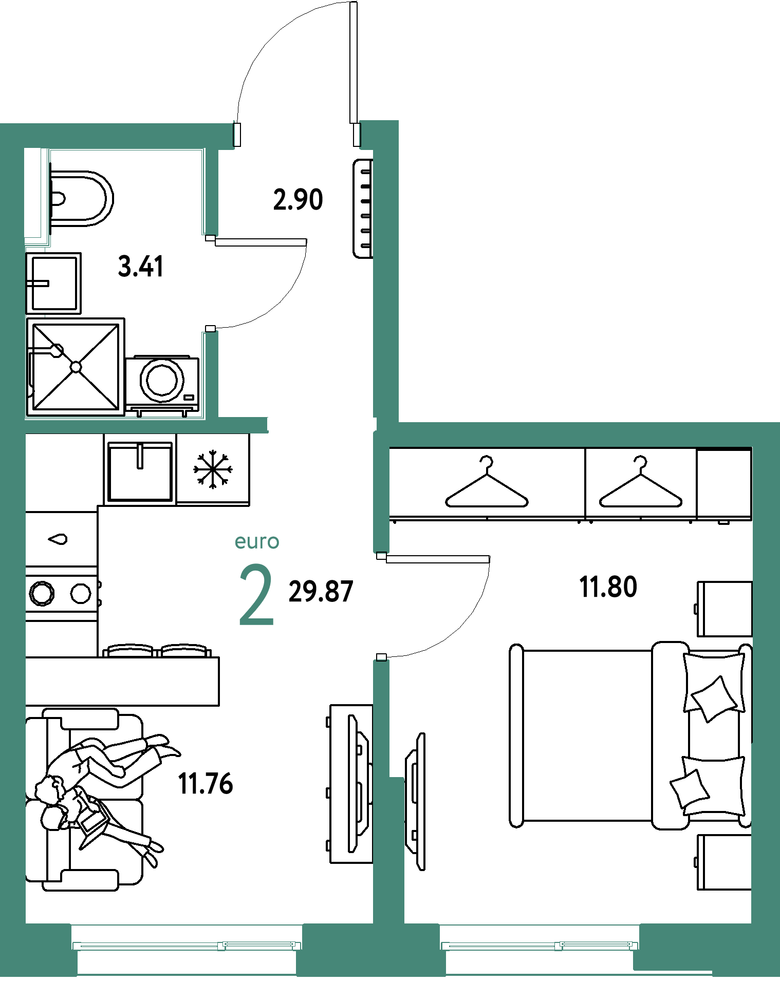Планировка: Евродвушка 29,87 м² в ЖК «Страна.Прибрежная»