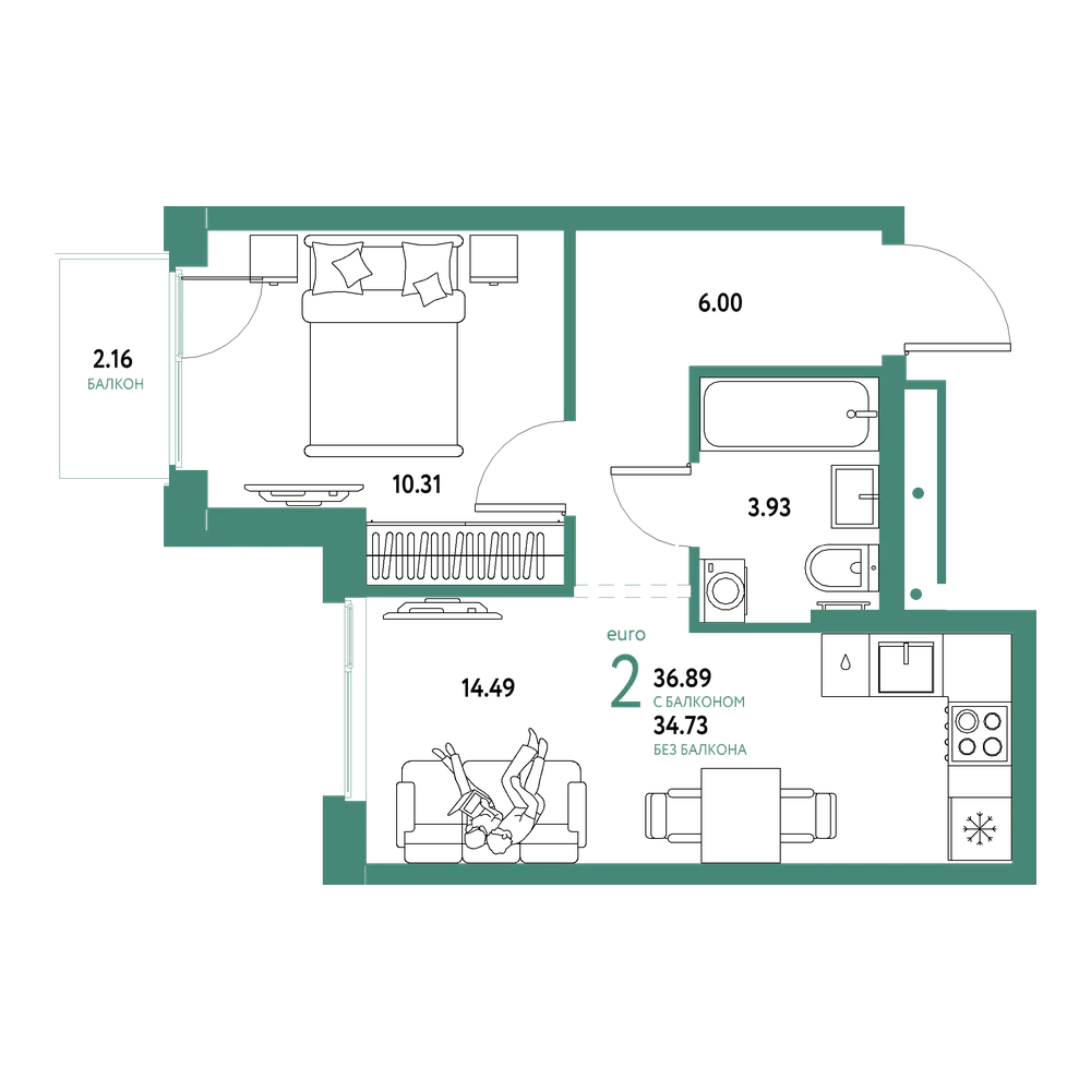 Планировка: Евродвушка 36,89 м²